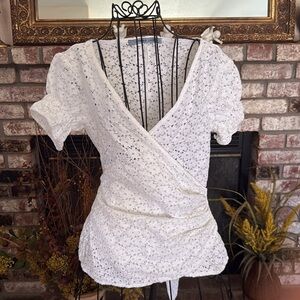 Catherine Jane Women’s White Floral Eyelet Lace Wrap Blouse